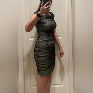 Gray and black cocktail dress.
